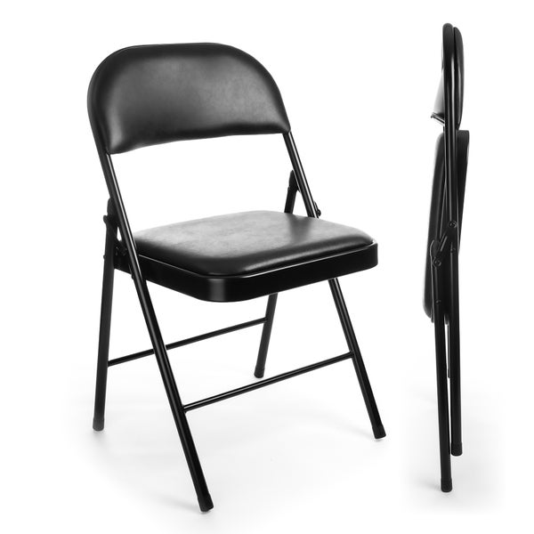 Schwarzer Klappstuhl mit gepolstertem Sitz und Rückenlehne, sowohl aufgeklappt als auch zusammengeklappt dargestellt.