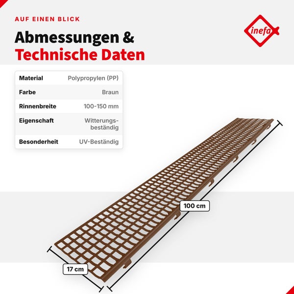 Technische Zeichnung eines Laubschutzgitters aus Polypropylen von Inefa mit Abmessungen von 100 mal 17 Zentimeter und Inefa Logo.