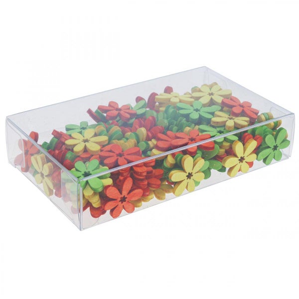 Dekorative Holzblumen in einer transparenten Kunststoffbox