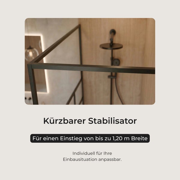Kürzbarer Stabilisator für Duschwände, geeignet für Einstiegsbreiten bis zu 1,20 Meter, individuell anpassbar.