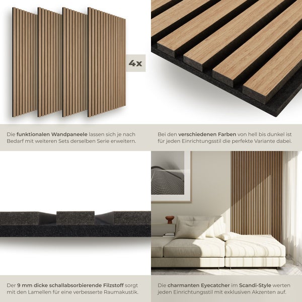 Vier Holzpaneele für die Wandmontage zur Schallabsorption