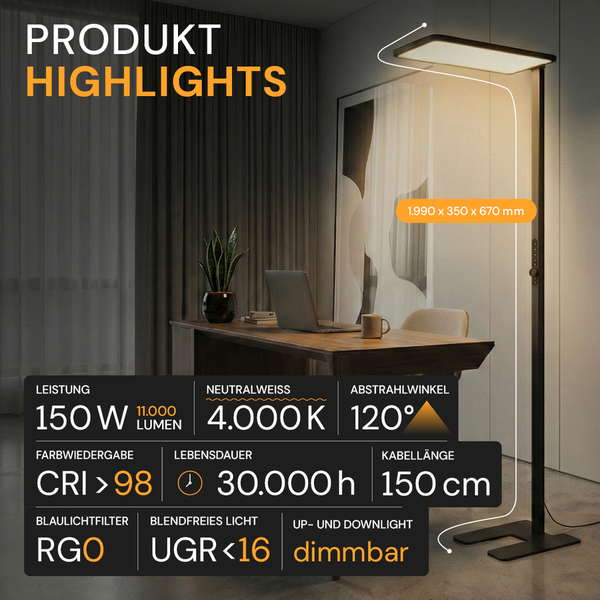 LED-Bürostehleuchte, 11000 Lumen, 4000 Kelvin, 150 Watt, dimmbar, 120 Grad Abstrahlwinkel, Up- und Downlight, CRI über 98.