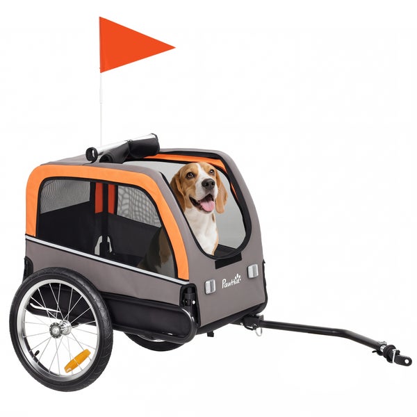 PawHut Hundeanhänger für das Fahrrad mit PawHut Logo, sitzendem Hund, Sicherheitsfahne, Netzfenstern, Reflektoren und Luftbereifung.