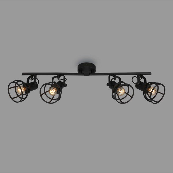 4-flammige Deckenleuchte im Industrie-Design aus schwarzem Metall, Spotbalken mit schwenkbaren Strahlern und Drahtkörben.