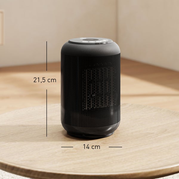 Abbildung eines Heizlüfters mit den Maßen 21,5 cm Höhe und 14 cm Durchmesser.