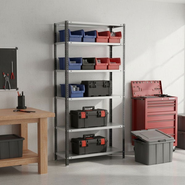 Organisierte, helle Werkstatt mit Metallregal, verschiedenen Werkzeugkoffern, Sichtlagerkästen, einer Werkbank aus Holz und einem Werkzeugwagen.