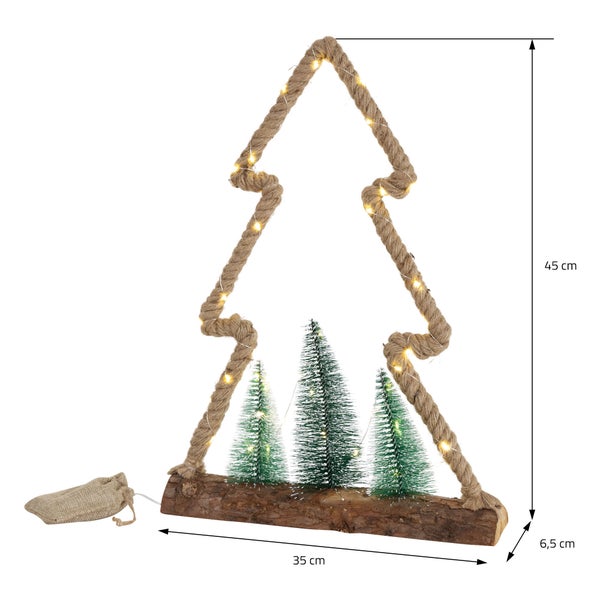 ECD Germany LED Jute Baum mit LED-Beleuchtung 35x6,5x45 cm, Deko Weihnachtsbaum aus Seil mit 45 warmweißen LEDs, 3 Tannen, Jutesäckchen, batteriebetrieben, Timer, Tannenbaum Figur Weihnachtsdeko Innen
