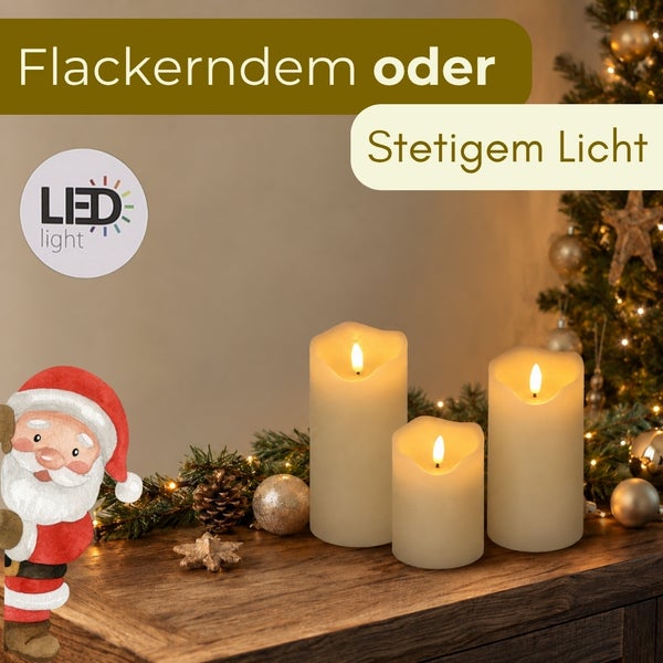 Drei LED Stumpenkerzen mit flackerndem oder stetigem Licht auf einer weihnachtlich dekorierten Anrichte mit Weihnachtsmann Illustration