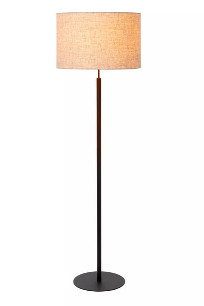 Stehleuchte mit Textilschirm und dunklem Metallfuß