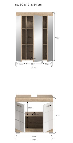 Spiegelschrank und Waschbeckenunterschrank mit detaillierten Maßangaben in Zentimetern, Gesamtmaße circa 60 mal 191 mal 34 Zentimeter.