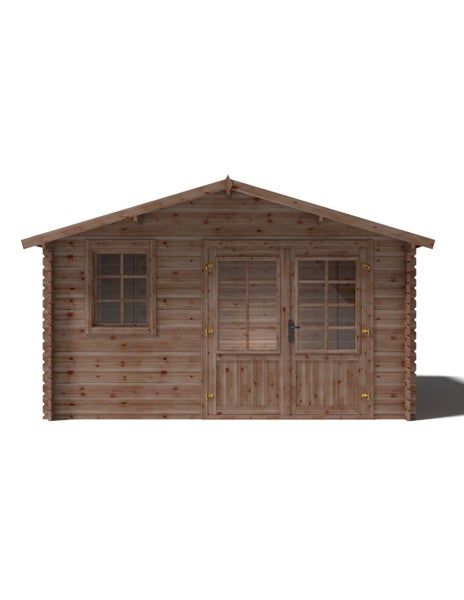 Gartenhaus aus Holz mit Doppeltür und einem Fenster in klassischer Blockbohlenbauweise