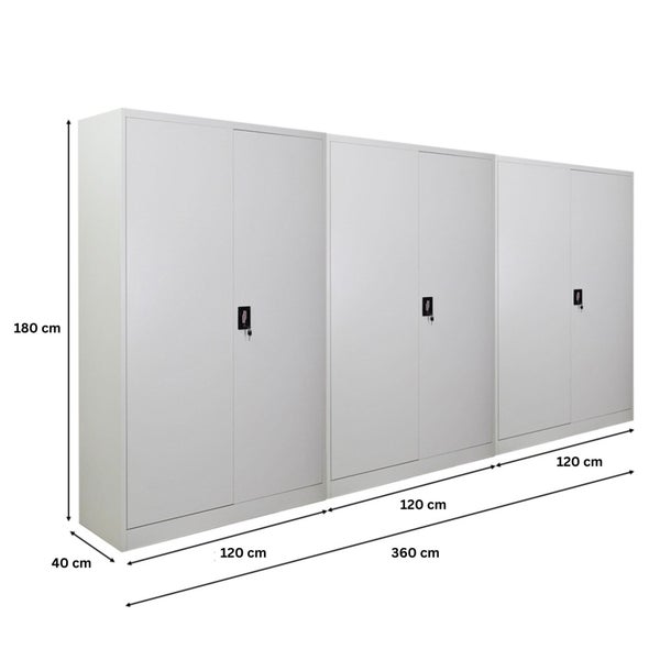 Drei Metallschränke, jeweils 120 cm breit, 180 cm hoch und 40 cm tief, mit Schloss