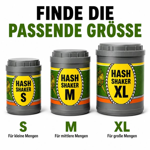 Drei Hash Shaker Behälter in den Größen S, M und XL für kleine, mittlere und große Mengen.
