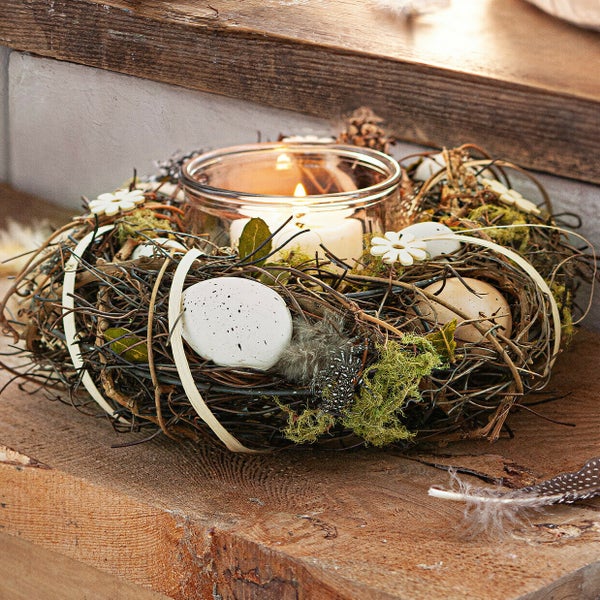FRANK FLECHTWAREN | Windlicht Ostern, 2tlg., METALL, KUNSTSTOFF, Ø 24 x 8 cm, Innen-Ø 9 cm, Glas Ø 9 x 10 cm, ohne Kerze