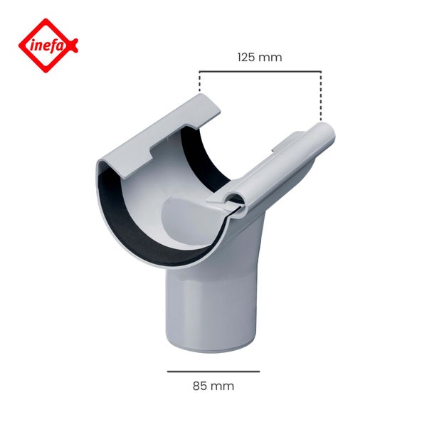 Inefa Logo. Rinnenstutzen für Dachrinnen aus Kunststoff, obere Breite 125 Millimeter, unterer Durchmesser 85 Millimeter.