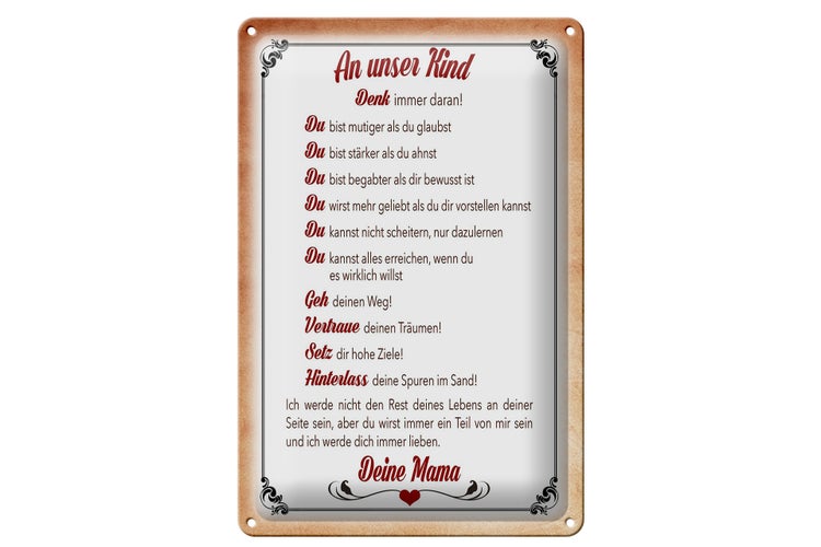 Blechschild Spruch 20x30cm Kind denk immer daran deine Mama