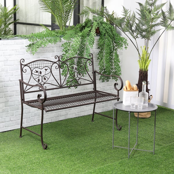 Outsunny Gartenbank mit Tisch, 2-Sitzer Sitzbank mit Rückenlehne, 114 x 53,5 x 91 cm, wetterfest Antik Metall, Kaffee