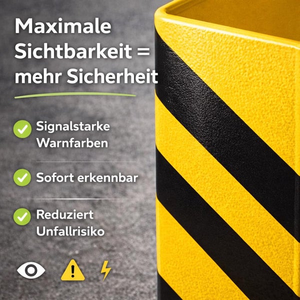 Rammschutz mit gelb-schwarzer Warnmarkierung für maximale Sichtbarkeit, sofortige Erkennbarkeit und reduziertes Unfallrisiko.