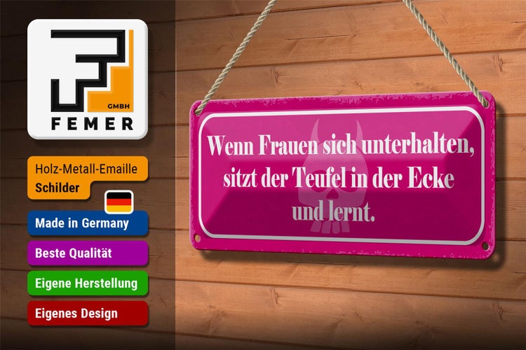 Blechschild Spruch 27x10cm Frauen unterhalten Teufel lernt Dekoration