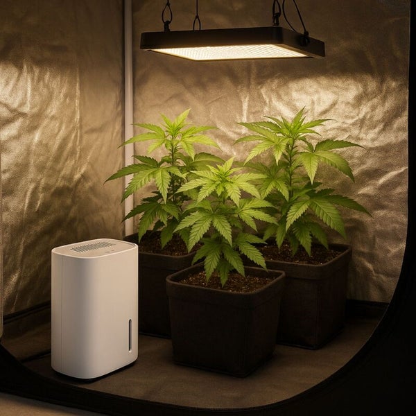 Helles Pflanzenzelt mit drei Pflanzen in schwarzen Stofftöpfen, einer hängenden Pflanzenlampe und einem weißen Luftbefeuchter.