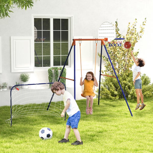 Outsunny 3 in 1 Schaukelset, Schaukelgerüst aus Stahl Kinderschaukel mit Fußballtor, Basketballkorb, Gartenschaukel Schaukelgestell Outdoor für Kinder 3-8 Jahre, Stahl, Dunkelblau