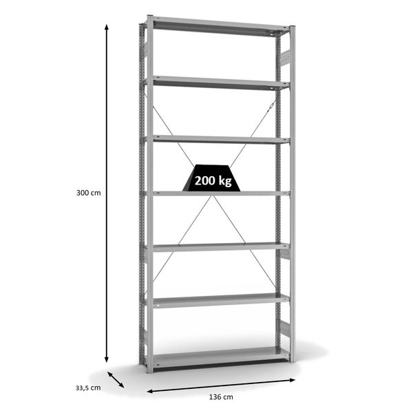 PROREGAL Fachbodenregal Stecksystem T-Profil Medium-Duty Grundregal HxBxT 300 x 130 x 30 cm 7 Ebenen Fachlast 200 kg Einseitig Nutzbar Verzinkt