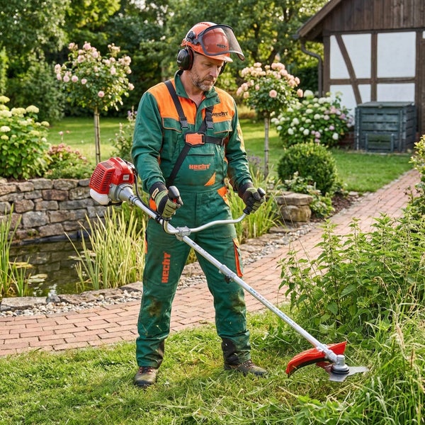 Ein Gärtner mit Schutzkleidung mäht Gras mit einem Rasentrimmer in einem Garten.