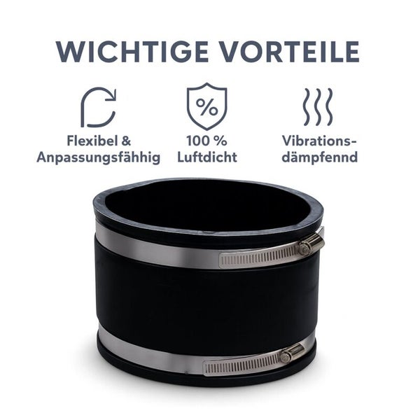 Flexible Rohrkupplung mit Schlauchschellen. Vorteile: flexibel und anpassungsfähig, 100 Prozent luftdicht, vibrationsdämpfend.