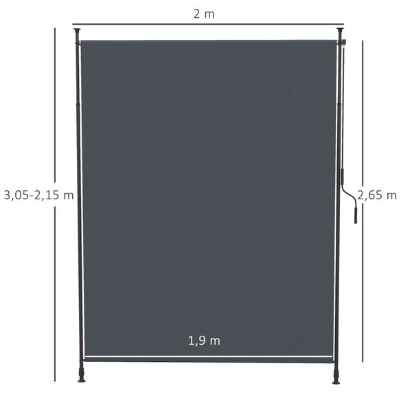 Outsunny Senkrechtmarkise,Vertikalmarkise mit Handkurbel, Wasserfest Sichtschutz, Einziehbares Sonnenschutz UV-beständig, Verstellbare Seitenmarkise, 200 x 215-305 cm für Balkon, Terrasse, Grau