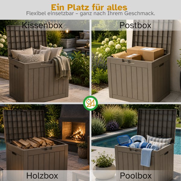 Collage einer braunen Gartenbox in vier Anwendungen: Kissenbox, Paketbox, Holzaufbewahrung und Poolbox für den Außenbereich.