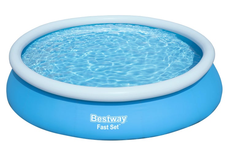 Bestway Fast Set Pool, runder blauer aufblasbarer Pool mit weißem Luftring und Bestway Logo.