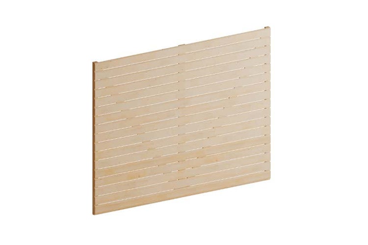 Wandelement aus hellem Holz mit horizontalen Lamellen für Saunen oder Gartenhäuser.