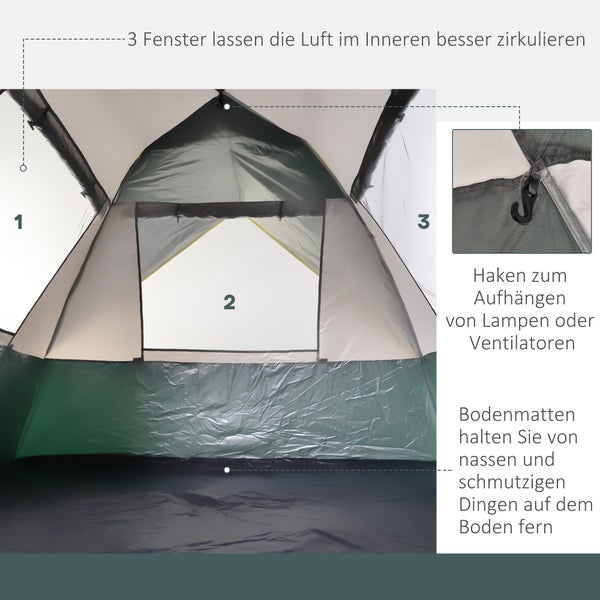 Outsunny Campingzelt, für 3 Personen, mit Heringen, 205 x 195 x 135 cm, Polyester, Grün