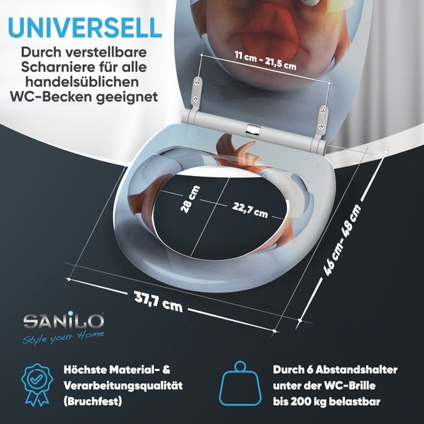 Sanilo Logo. WC-Sitz mit Fisch-Motiv. Breite 37,7 cm, Länge 46 bis 48 cm, Öffnung 28 mal 22,7 cm, Scharnierabstand 11 bis 21,5 cm. Bis 200 kg belastbar.