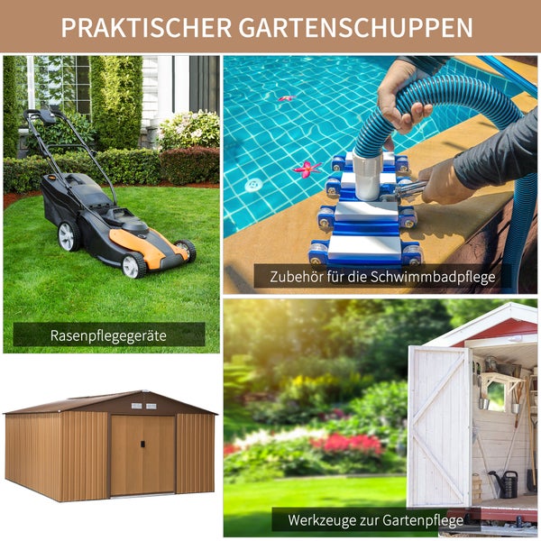 Outsunny Gerätehaus mit Bodenplatte, Gartenhaus, 20m³, 340 x 386 x 200 cm, Stahl, Braun