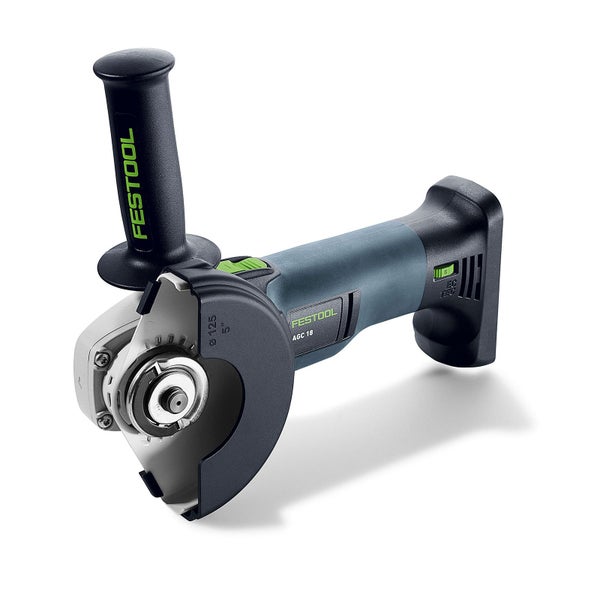 Festool Akku-Winkelschleifer AGC 18 in Blau und Grün mit 125 Millimeter Scheibendurchmesser, Zusatzhandgriff und Drehzahlregelung.