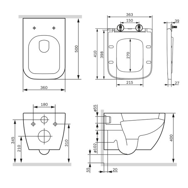 AM.PM Wand-WC Set Tiefspüler offener Spülrand weiß glänzend mit WC-Sitz , Vorwandelement und Betätigungsplatte chrom IIS90151.GA1700