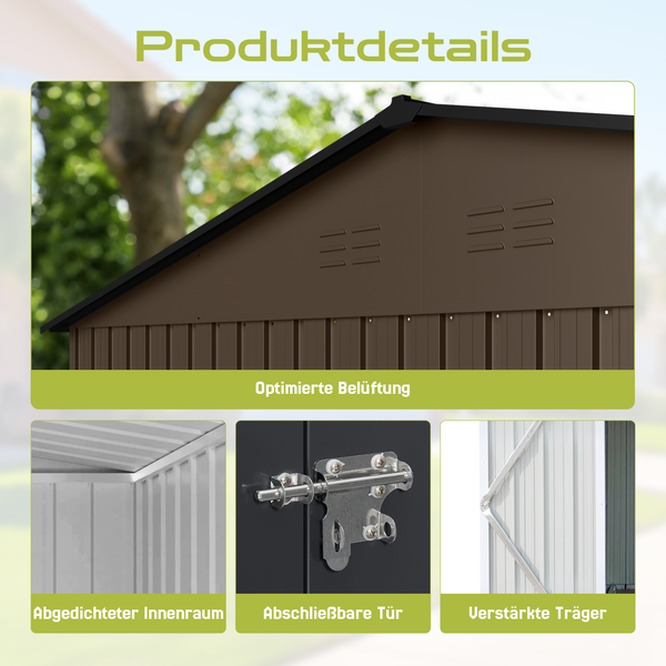 Produktdetails Gartenhaus: optimierte Belüftung, abgedichteter Innenraum, abschließbare Tür, verstärkte Träger