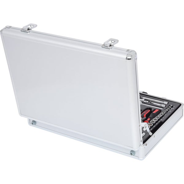 Offener Werkzeugkoffer aus Aluminium mit Werkzeugen