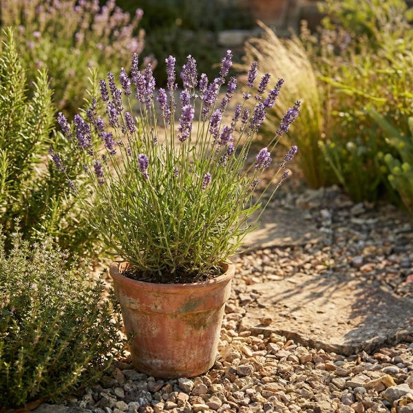 Blühende Lavendelpflanze im Tontopf auf einem sonnigen Kiesweg, umgeben von weiteren Gartenpflanzen im mediterranen Stil.