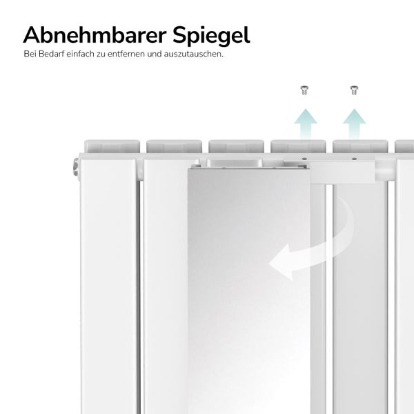 Vertikaler weißer Heizkörper mit einem abnehmbaren Spiegel, der mit zwei Schrauben befestigt ist.