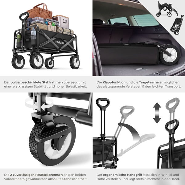 Faltbarer Bollerwagen von tectake mit pulverbeschichtetem Stahlrahmen, Feststellbremsen, höhenverstellbarem Handgriff und Transporttasche für Auto.