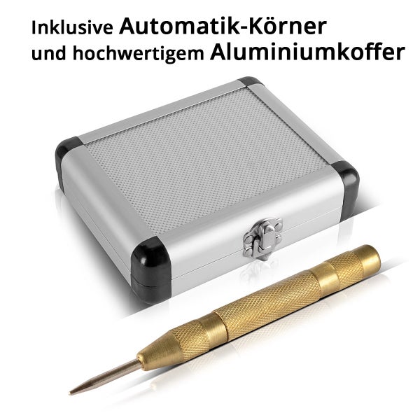 Automatik-Körner aus Metall mit gerändeltem Griff und ein passender Aluminiumkoffer mit verstärkten Ecken und Schnappverschluss.