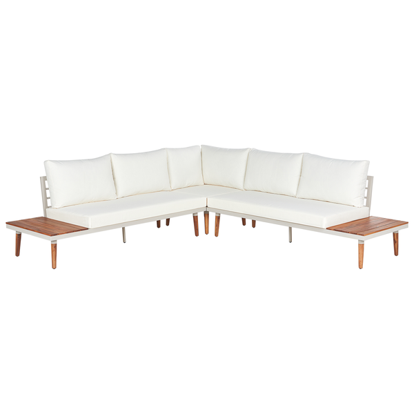 Ecklounge mit Polstern und seitlichen Ablageflächen aus Holz für den Garten