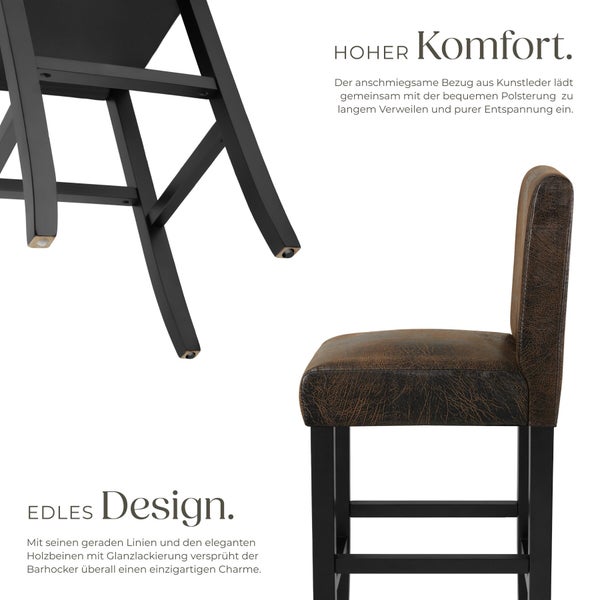 Barhocker mit gepolsterter Sitzfläche aus braunem Kunstleder, schwarzen Holzbeinen und Detailansicht der Bodenschoner.
