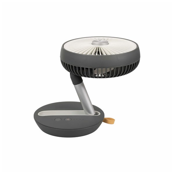 Klappbarer Tischventilator in Dunkelgrau und Silber mit verstellbarem Arm, runder Basis und USB-Anschluss.