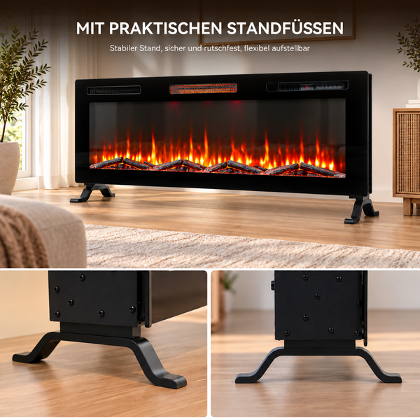 Elektrischer Wandkamin mit Flammeneffekt und zwei stabilen Standfüßen für einen sicheren und flexiblen Stand auf dem Boden.