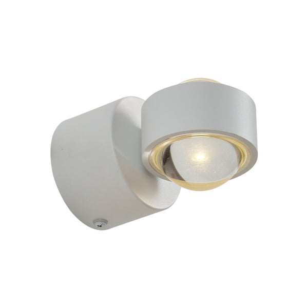 Wandleuchte mit verstellbarem Kopf und Kugellinse aus Glas, silber, warmweißes Licht.