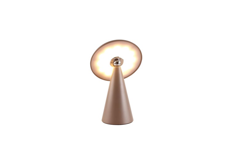 Moderne Tischleuchte in Kegelform mit runder, schwenkbarer Lichtquelle und integriertem LED Leuchtmittel.