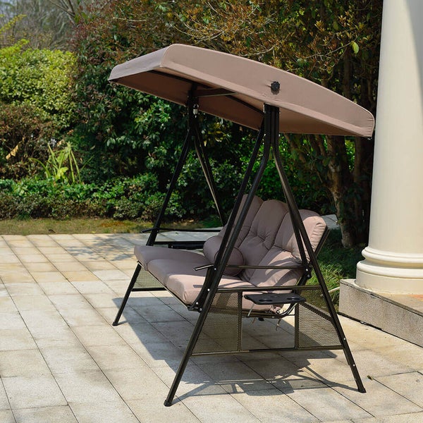 Home Deluxe - Hollywoodschaukel DESCANSO Beige - 3-Sitzer, B/H/L 115cm x 195cm x 198cm, inkl. Getränkehalter, Sitz- und Rückenkissen I Gartenliege Gartenlounge Schaukelliege